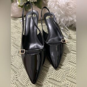 Jones New York Black Patent Pointed Slingback Pumps with Gold Buckles